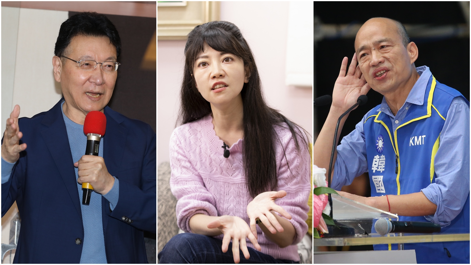 對於趙少康（左）與韓國瑜（右）可能的強強聯手，高嘉瑜（中）喊話「失聯黨員」民進黨大老沈富雄。（本刊資料照）