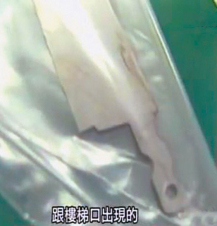 死者被發現時,脖子插著水果刀,還因凶手用力過猛,刀刃脫離刀柄。(翻攝東森新聞)