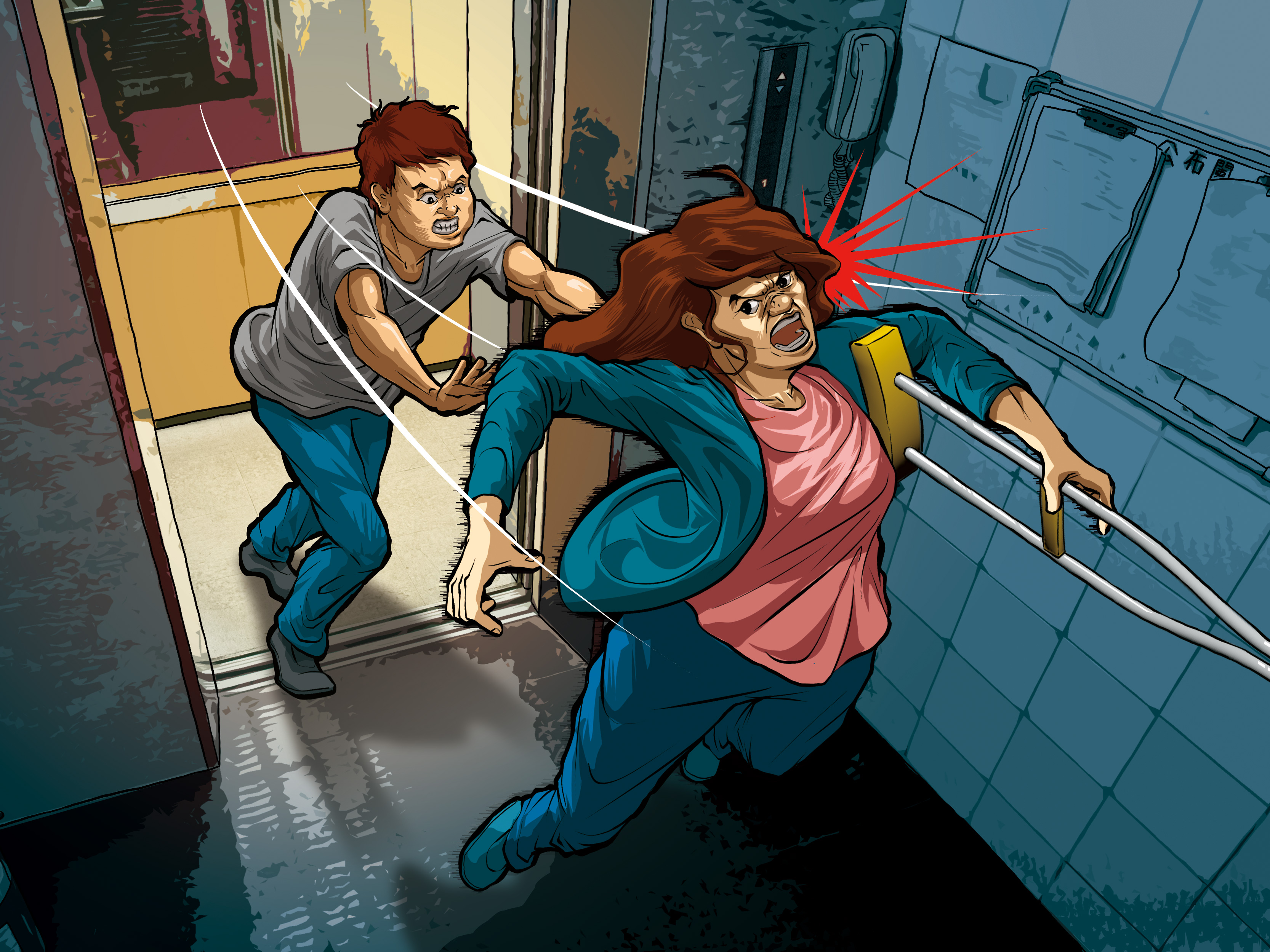 C姓少年先在電梯裡毆打丁姓女鄰居，之後再將她推出電梯，繼續痛毆。