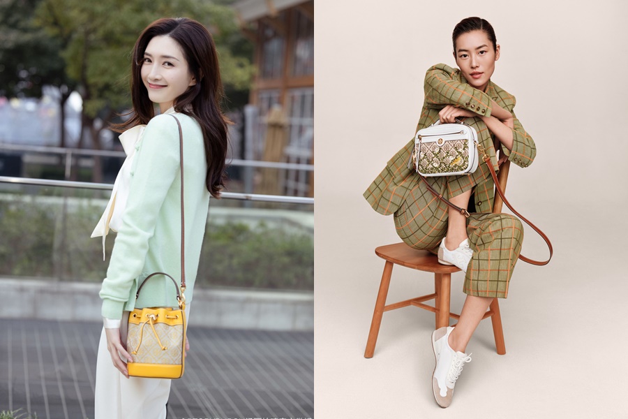 （左）大陸女星江疏影示範T Monogram迷你水桶包。NT$13,900、（右）超模劉雯為T Monogram拍攝形象圖。花鳥刺繡T Monogram相機包NT$20,900（Tory Burch提供）