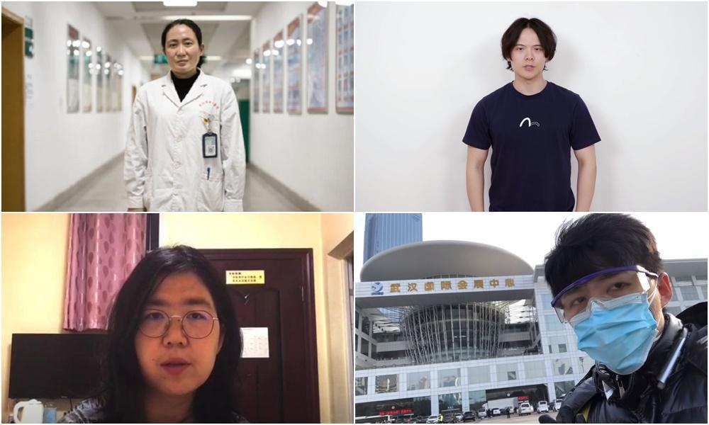 中國醫生艾芬（左上順時鐘起）、主持人李澤華、律師陳秋實、公民記者張展。（翻攝微博、YouTube頻道）