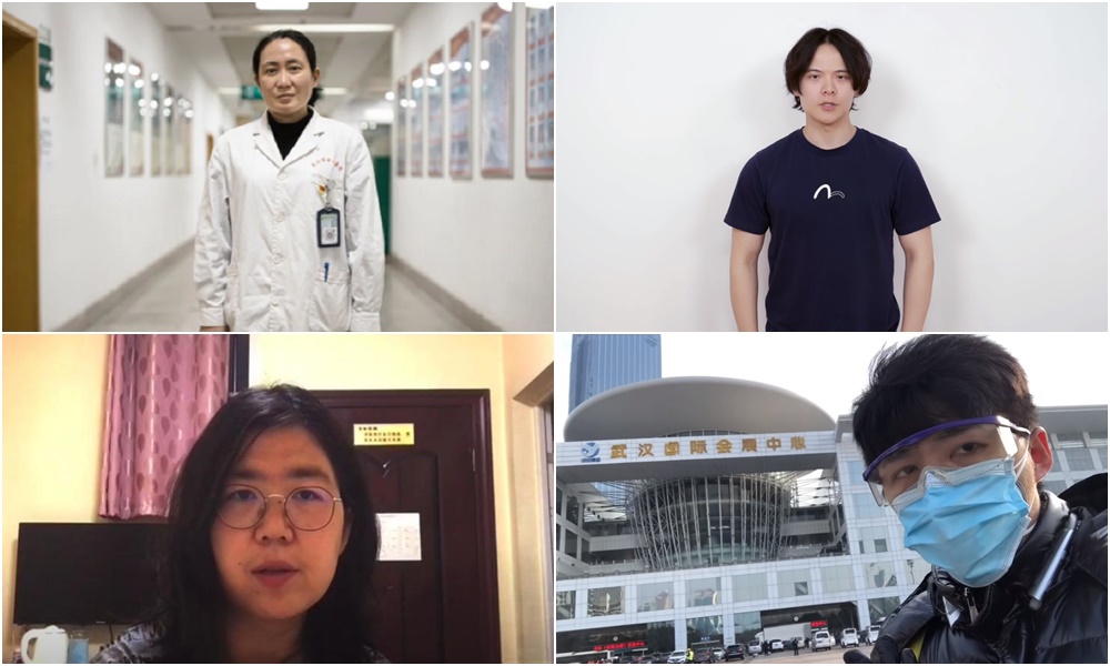 中國醫生艾芬（左上順時鐘起）、主持人李澤華、律師陳秋實、公民記者張展。（翻攝微博、YouTube頻道）