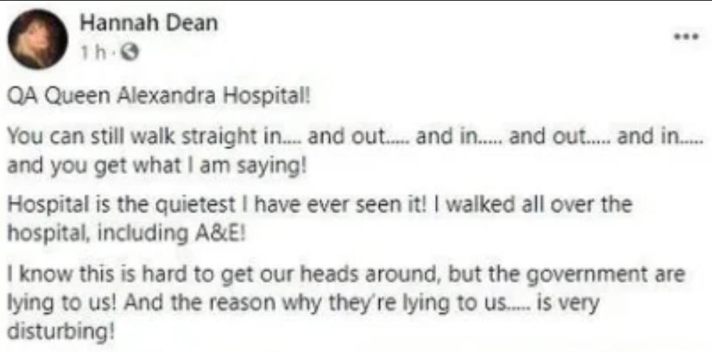 漢娜直說醫院很安靜,表示疫情只是政府的謊言。(翻攝自Hannah Dean臉書)
