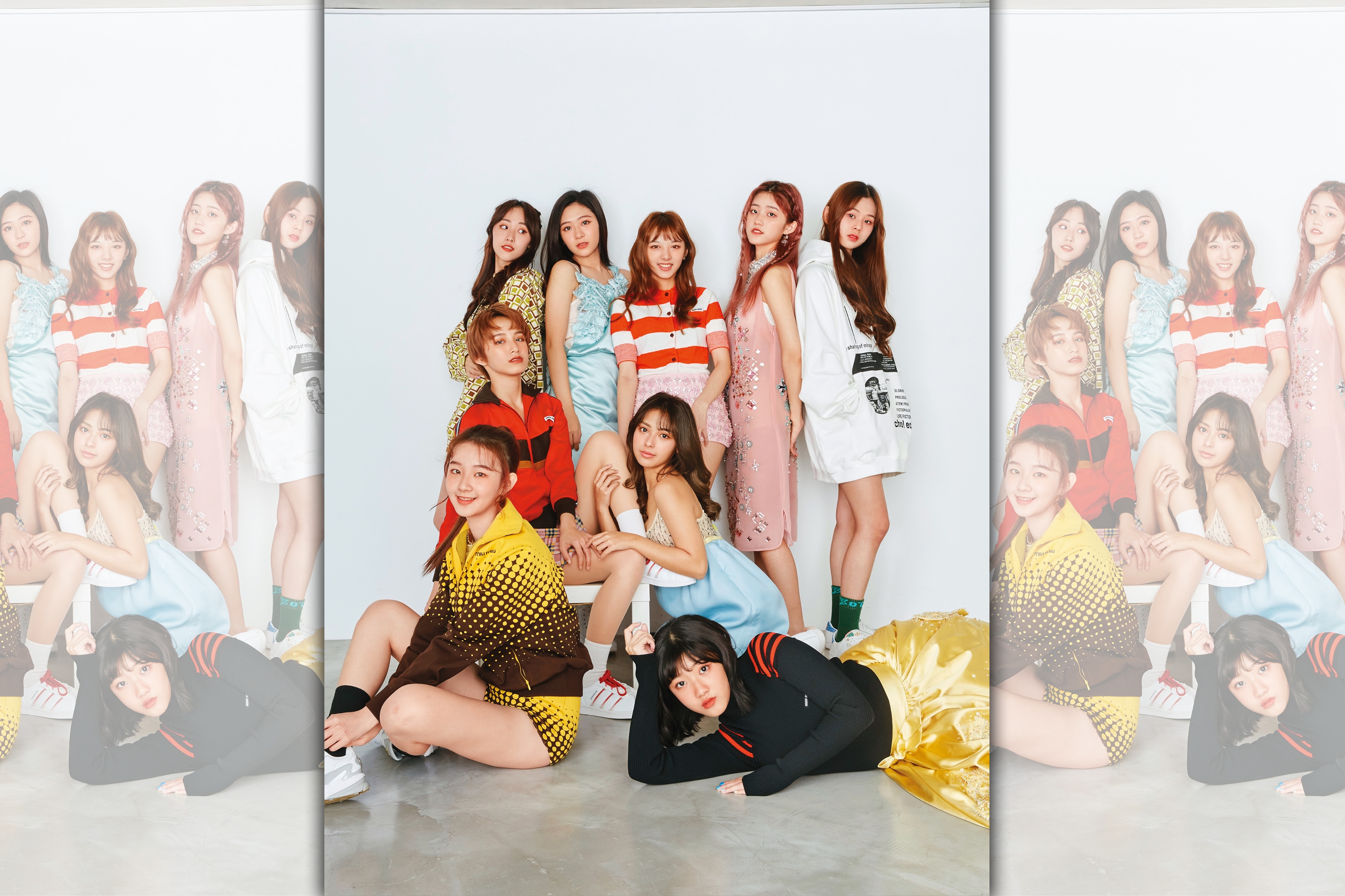 PINK FUN出道三個月 ，這次專訪卻也是九人最後一次集合。後排左起為聖恩、Nicole、巧瑜、朵莉和容容，前排左起為珮含、以芯、心平與思綾。