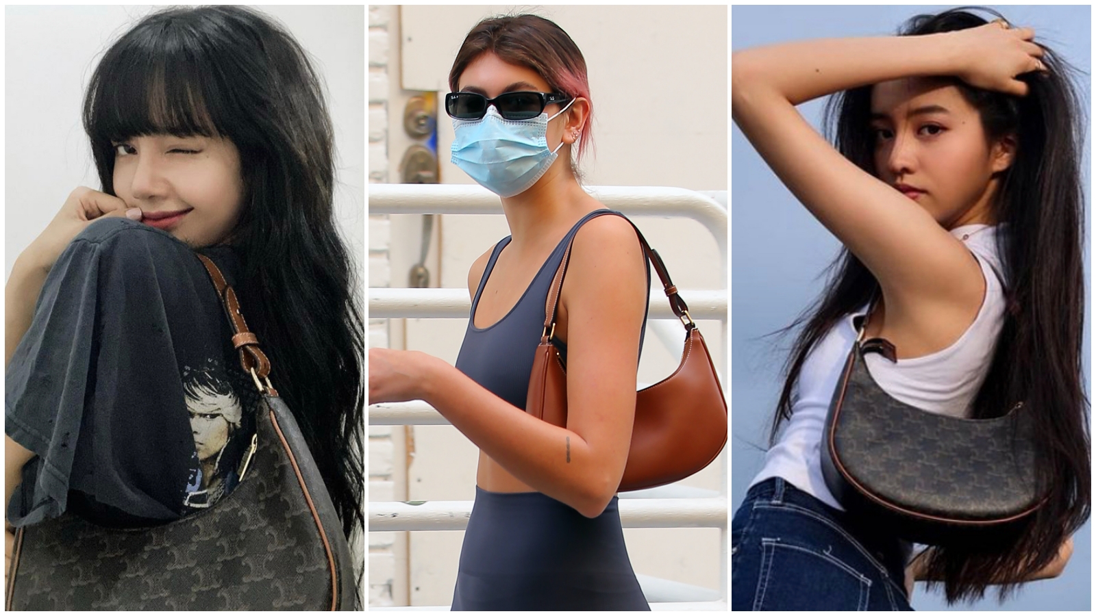 LISA（左）與木村光希（右）去年都是凱旋門經典印花AVA BAG粉絲，今年則由超模Kaia Gerber接棒，無論什麼穿著都背著新款素面AVA BAG。（CELINE提供）