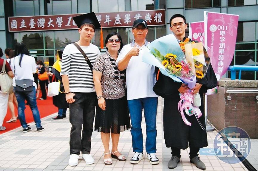 龍師父(右1)母親(左2)要他帶爸爸(右2)、哥哥(左1)及親近弟子到台大參加畢業典禮,但全是一場戲。(讀者提供)