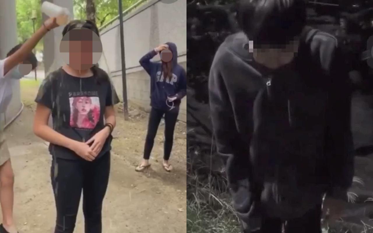高雄一名17歲學生遭淋飲料、掌摑霸凌(左圖),其中一名嫌犯遭人動用私刑打斷手(右圖)。(翻攝畫面)
