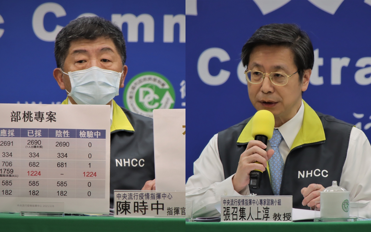 陳時中（左圖）與張上淳（右圖）說明武漢肺炎疫苗進度。（指揮中心提供）