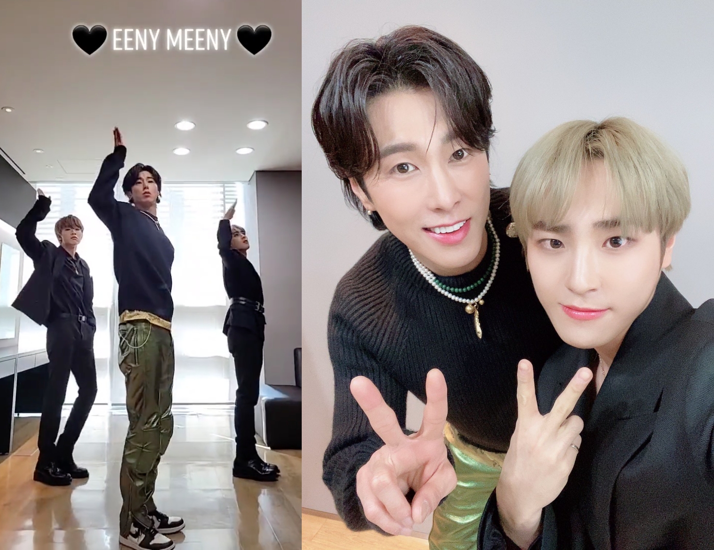 GOLDEN CHILD成員勝民與東炫，與前輩東方神起的瑜鹵允浩合跳〈Eeny Meeny〉。（合成圖片，翻攝GOLDEN CHILD推特與影片截圖）