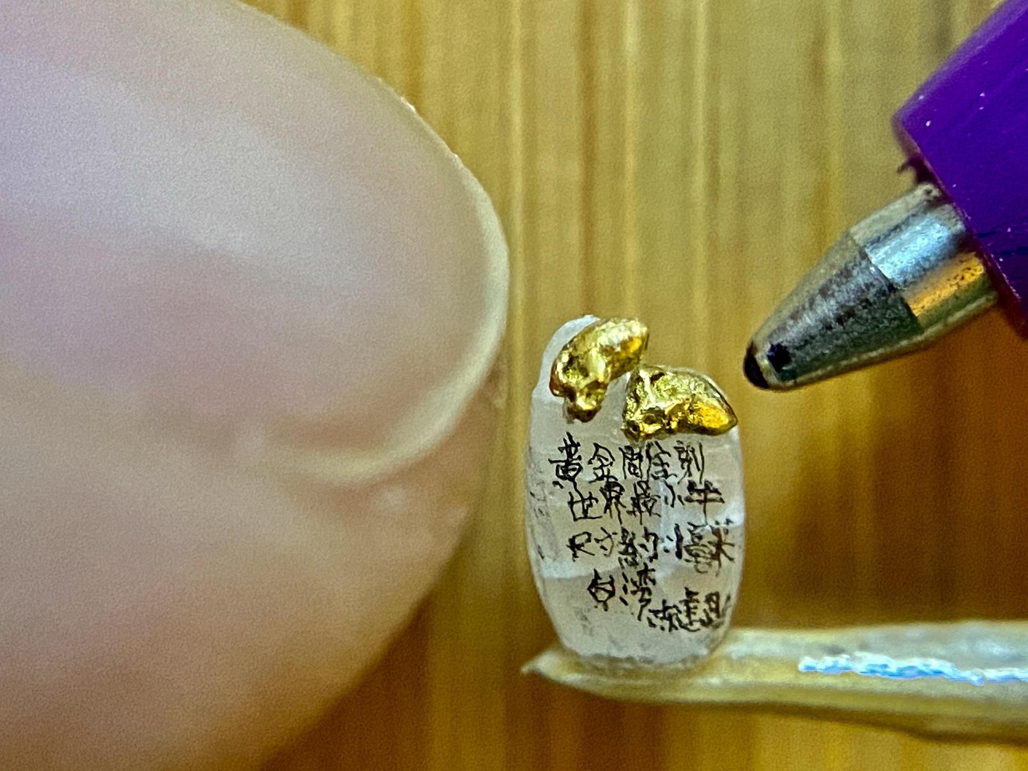 作品《米粒上2隻水牛》，陳逢顯用台灣稻米為背景，把黃金雕刻好的水牛結合在一起。（陳逢顯提供）