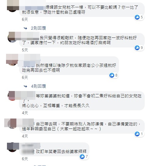 有網友對原PO的想法不以為然,表示:「可以改訂年菜回去給婆家。」(翻攝自臉書社團「靠北婆婆2.0」)