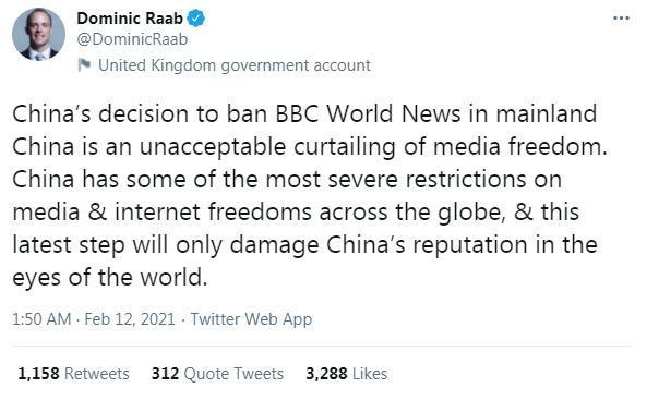 英國外交大臣拉布痛批此舉嚴重侵害新聞自由,也有損中國國際名聲。(翻攝自Raab推特)