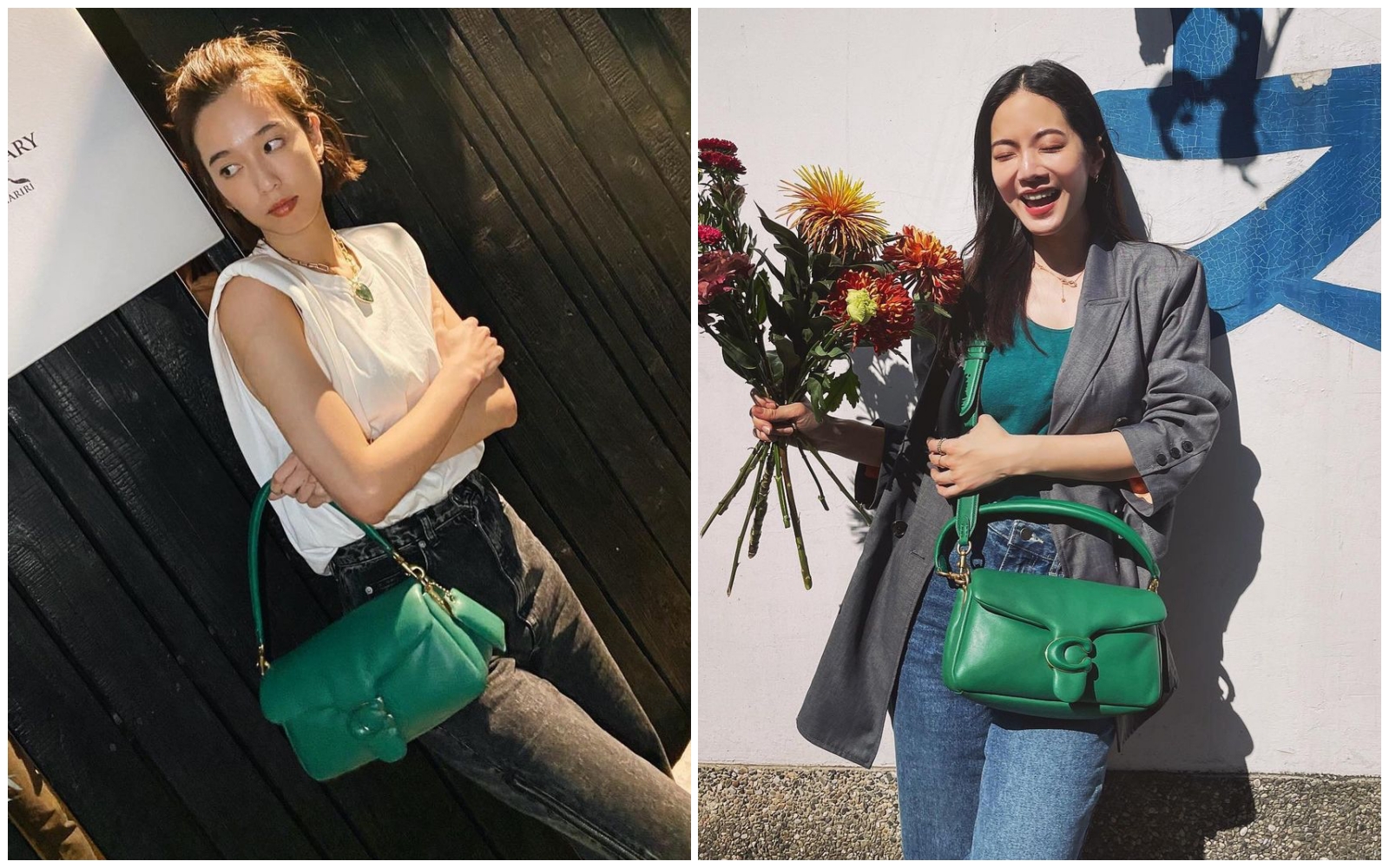 （左起）陳庭妮、曾之喬以個人穿搭詮釋全新的Pillow Tabby手袋。（COACH提供）