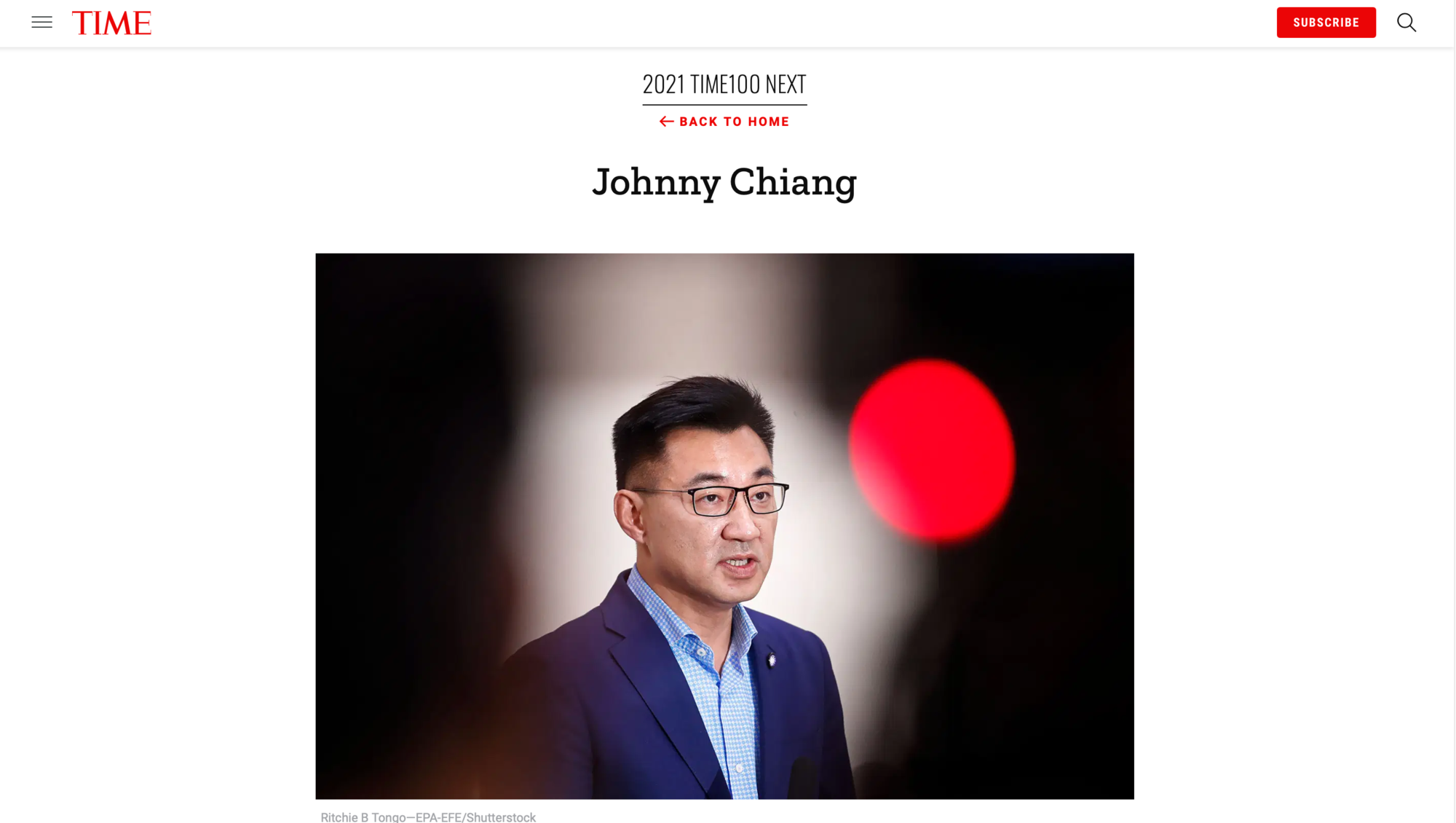 國民黨主席江啟臣獲選《時代雜誌》的百大次世代領導人。（翻攝自《時代雜誌》官網）