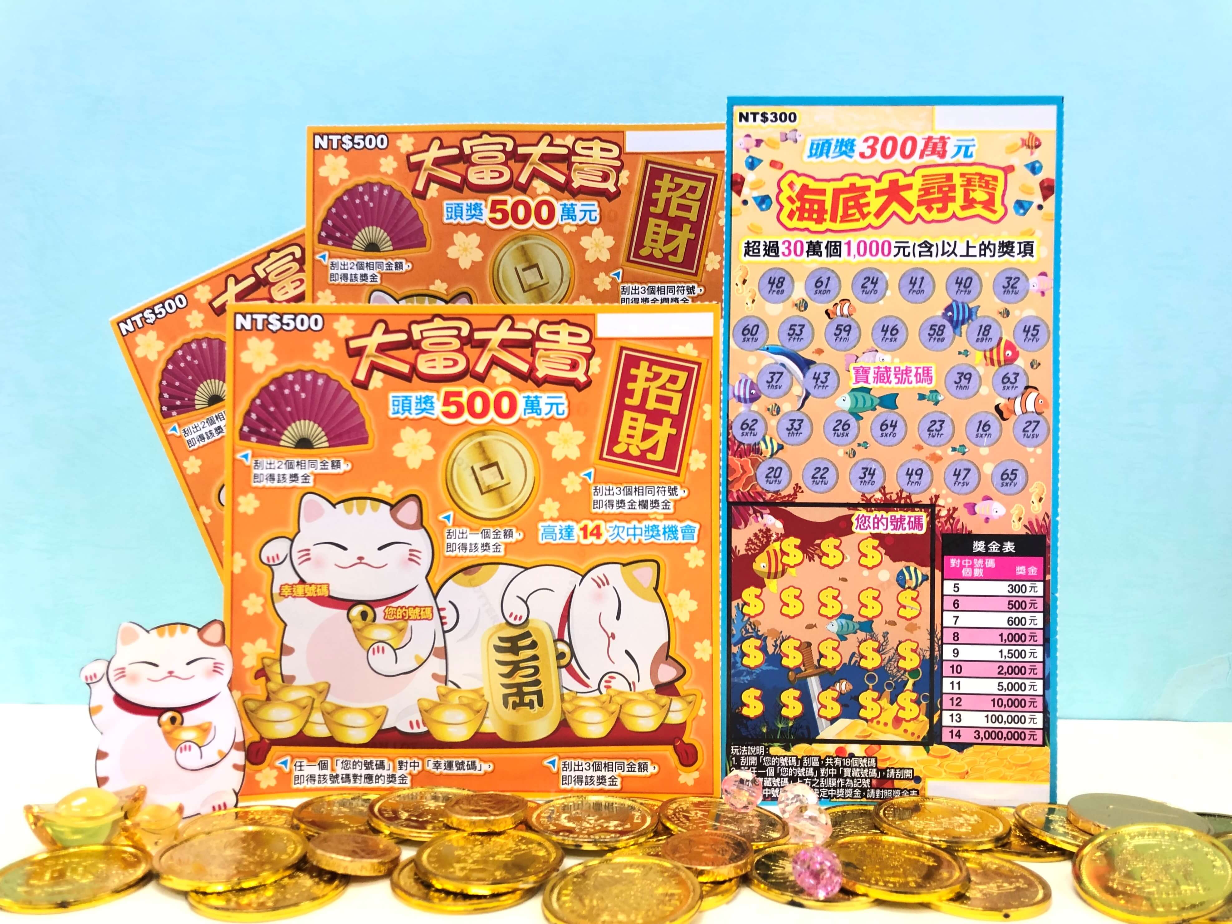 台彩推出「大富大貴」「海底大尋寶」2款刮刮樂新品。（台彩提供）