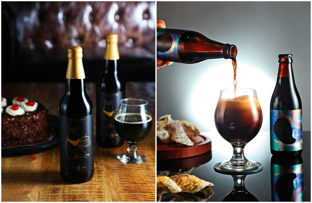 左圖：甫推出的「臺虎精釀臺灣黑熊波本桶陳酸櫻桃黑森林限定版」，是一款帶有蜜餞甜感與波本桶香氣的黑啤酒。（1,200元／瓶）；右圖：「酉鬼蚵仔黑」是把台灣嘉義東石產的帶殼鮮蚵丟入沸騰麥汁裡，釀製而成。（270元／瓶）
