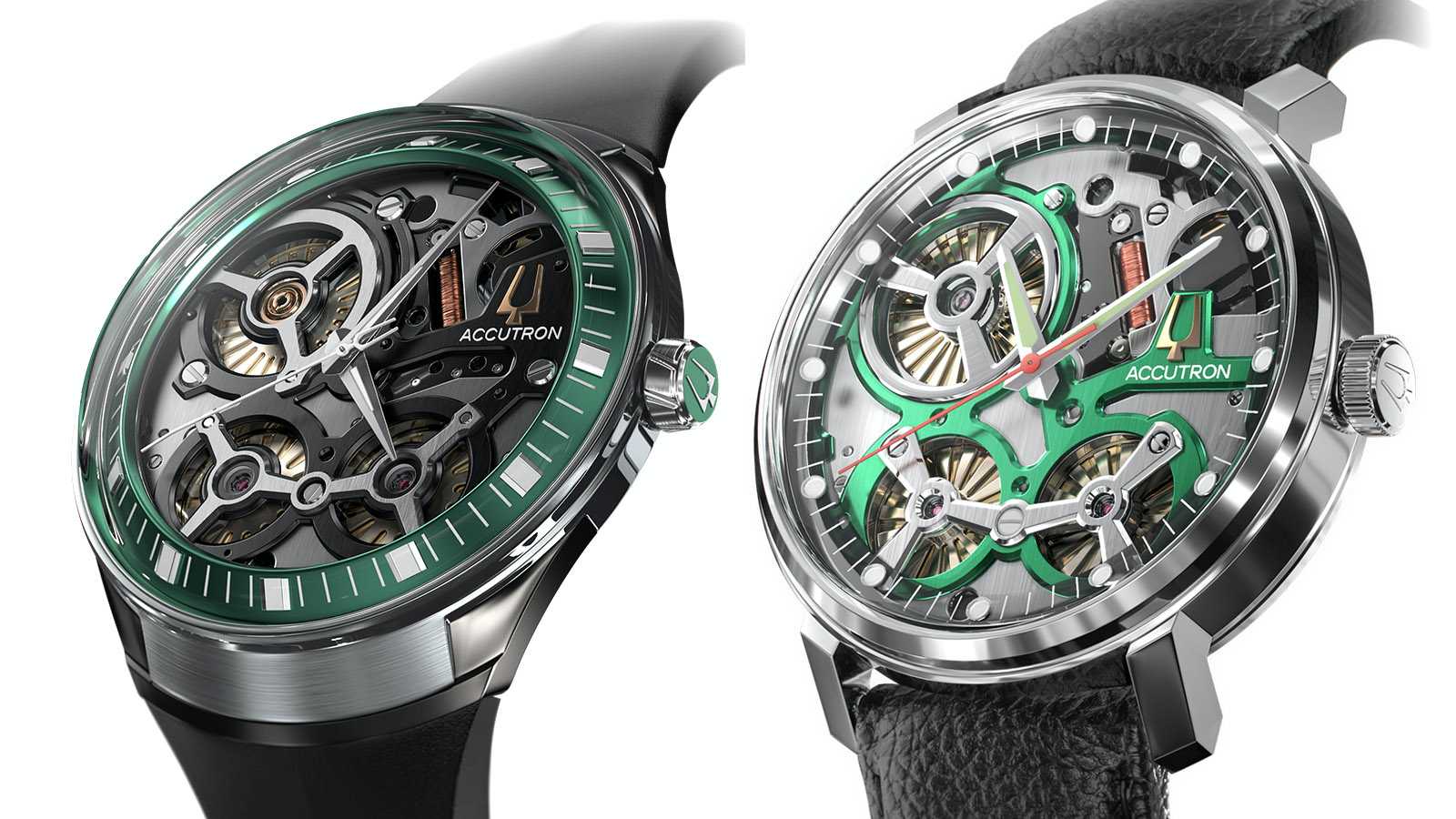 Accutron DNA（左）Accutron Spaceview 2020（右）｜錶徑45.1mm（左）、錶徑43.5mm（右）／不鏽鋼材質／時間指示／防水50米／建議售價：（由左至右）NT$ 98,000、NT$ 102,800（通路限定款）