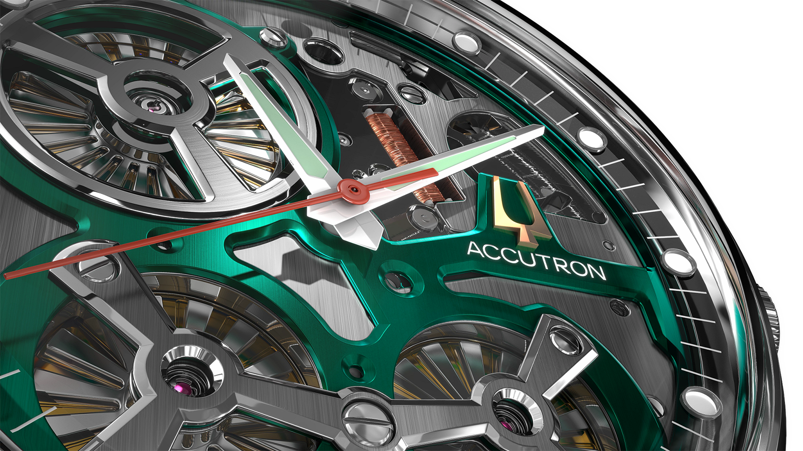 Accutron Spaceview 2020以紅色秒針配上綠色夾板，是呼應原版的配色。而十點鐘位置帶動秒針運作的靜電感應渦輪，則是很搶眼的視覺重心。