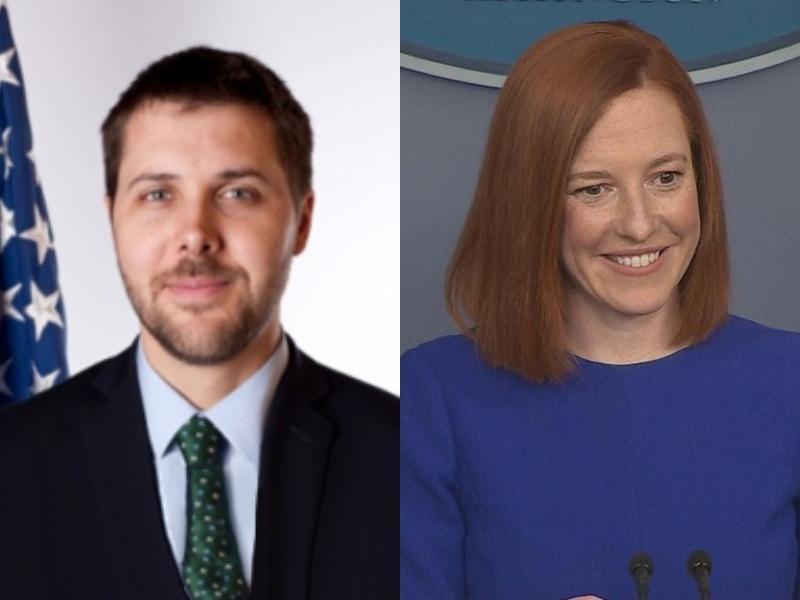 白宮發言人莎琪(Jen Psaki)(右)證實美國白宮首席經濟顧問狄斯(Brian Deese)(左)已致信表達對台灣政府的謝意。(翻攝自維基百科)