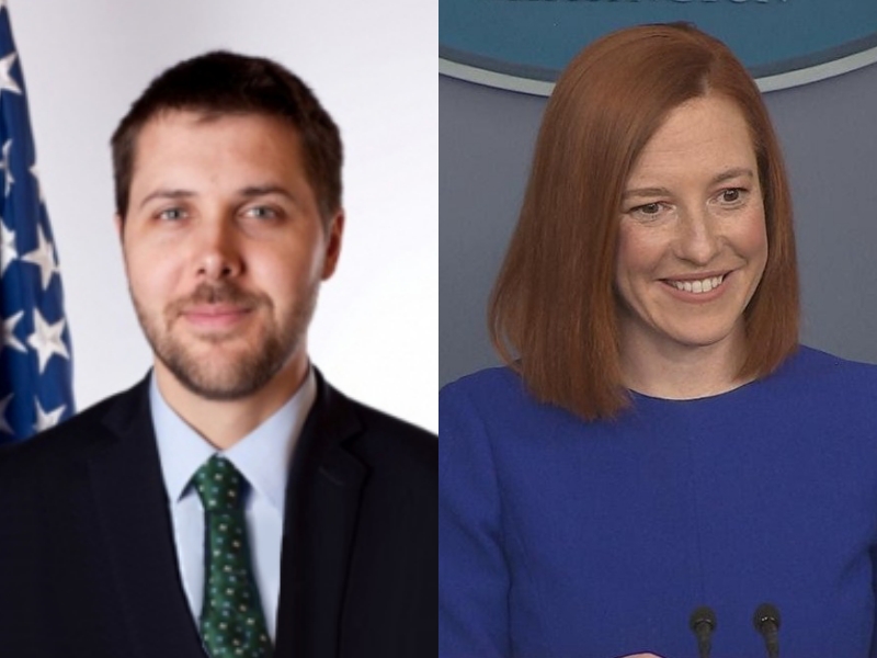 白宮發言人莎琪(Jen Psaki)(右)證實美國白宮首席經濟顧問狄斯(Brian Deese)(左)已致信表達對台灣政府的謝意。(翻攝自維基百科)