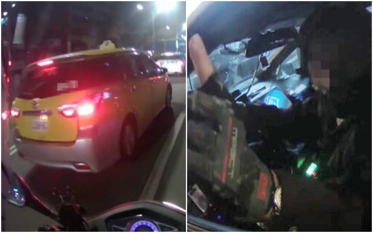 騎士遭到計程車2度逼車,畫面相當驚險。(翻攝自YouTube)