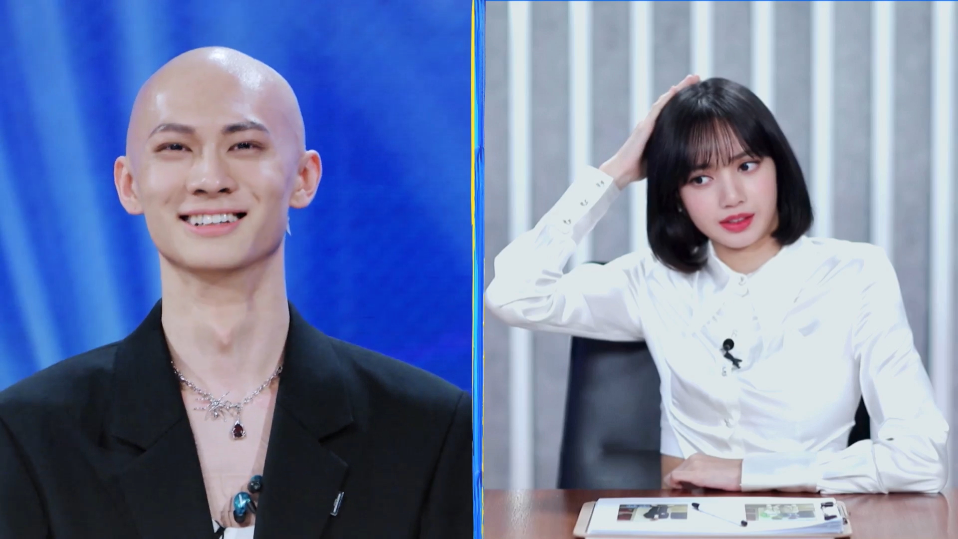 BLACKPINK成員LISA對訓練生梁森閃閃發亮的光頭非常感興趣。（翻攝自愛奇藝國際站）