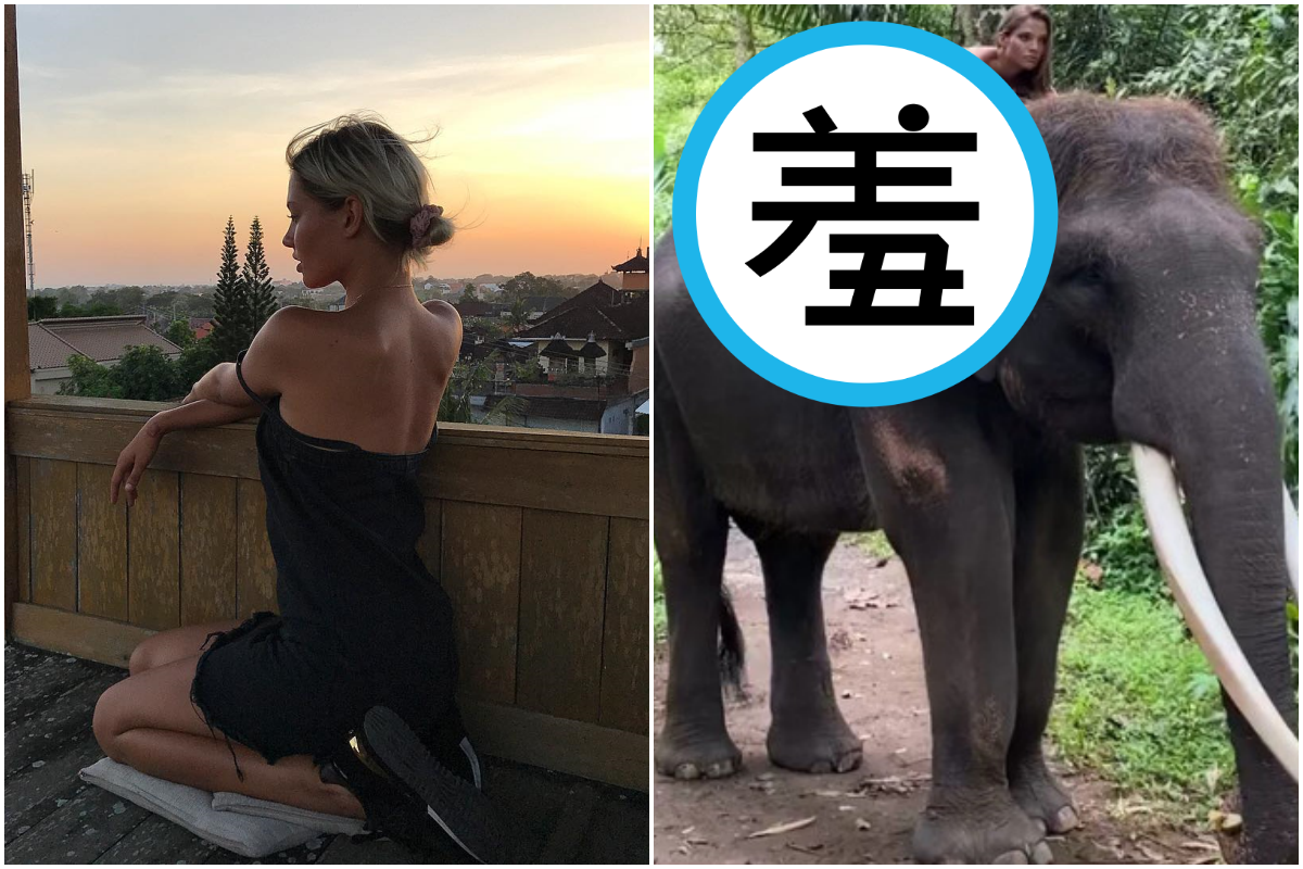 俄羅斯網紅在峇里島裸身騎大象惹議。(翻攝自阿萊西亞IG)