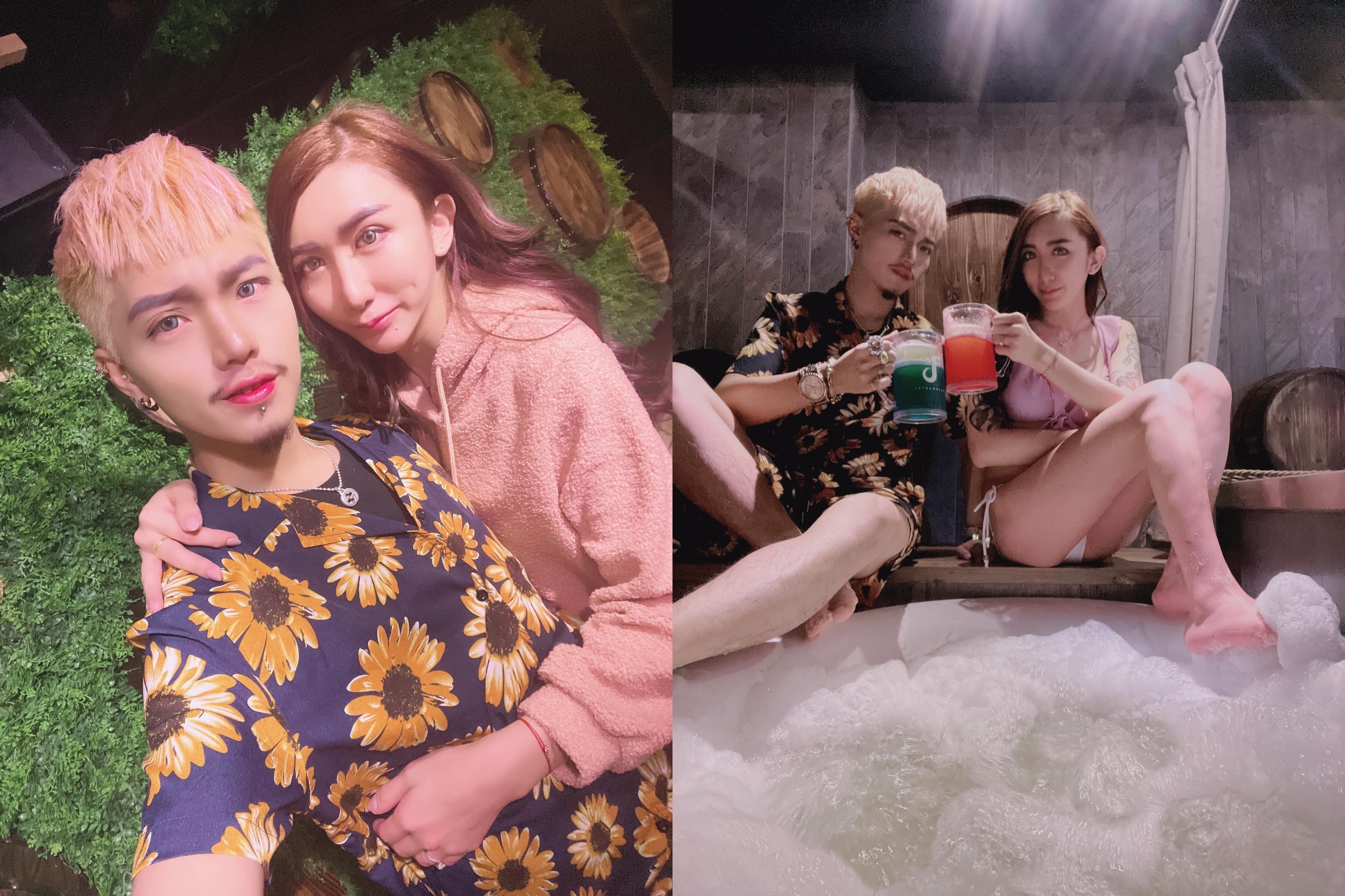 罔腰與男友日前到台南的飯店爽泡啤酒浴。（翻攝自罔腰臉書）