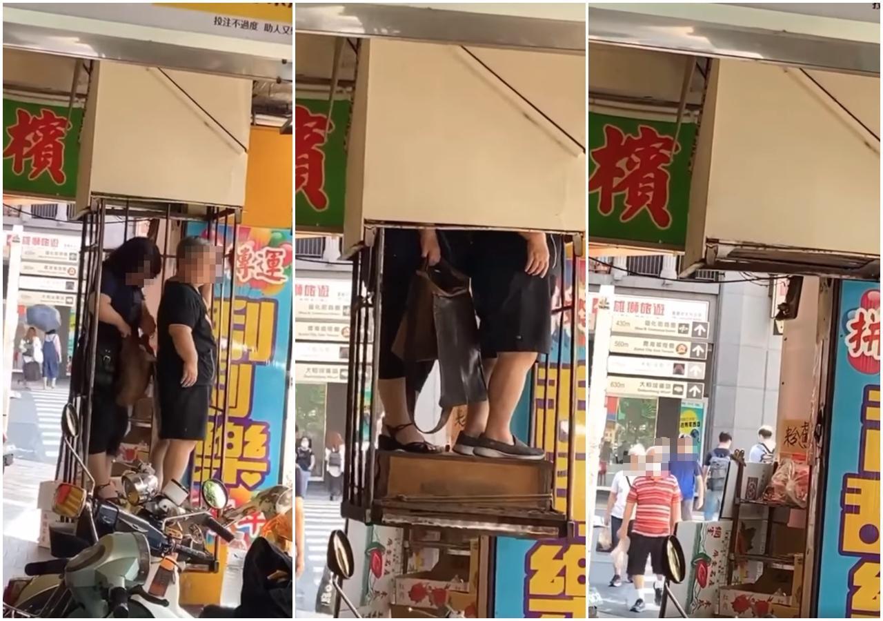 臉書社團po出爆料影片,只見2名女性在騎樓搭乘升降梯後「消失」,畫面曝光引發網友熱議。(翻攝自路上觀察學院臉書社團)
