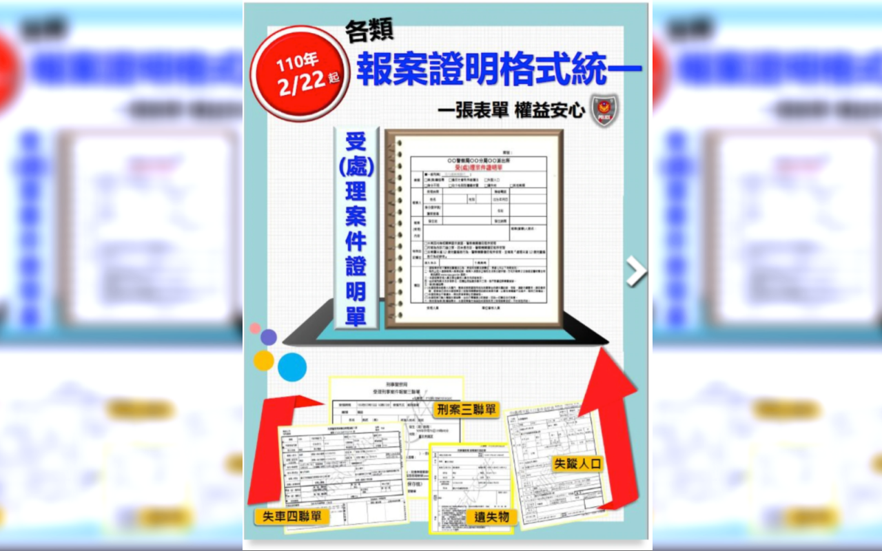 警政署為簡化報案流程、提升受理效率,讓原來的報案三聯單走入歷史。(翻攝自苗栗縣警局網站)