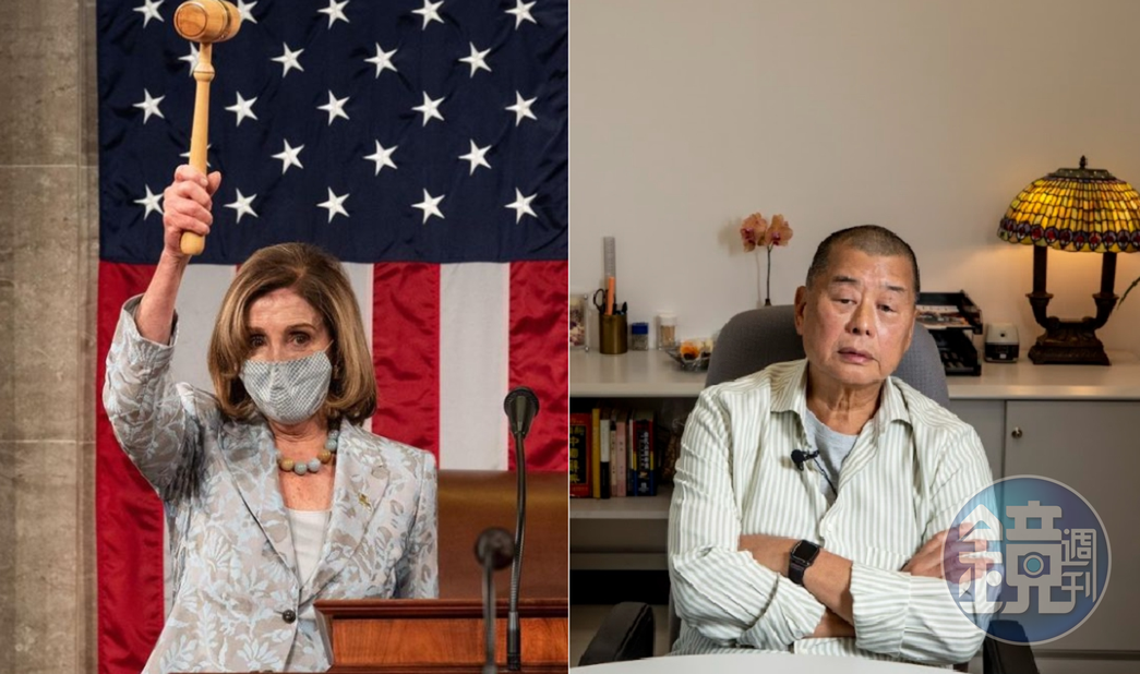 美國眾議院議長裴洛西(左)譴責港府審訊黎智英(右)等9位泛民主派人士,直指是侮辱法治。(左翻攝自裴洛西Instagram;右為資料照)