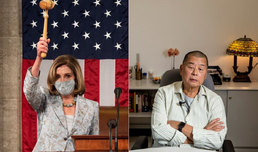 美國眾議院議長裴洛西（左）譴責港府審訊黎智英（右）等9位泛民主派人士，直指是侮辱法治。（左翻攝自裴洛西Instagram；右為資料照）
