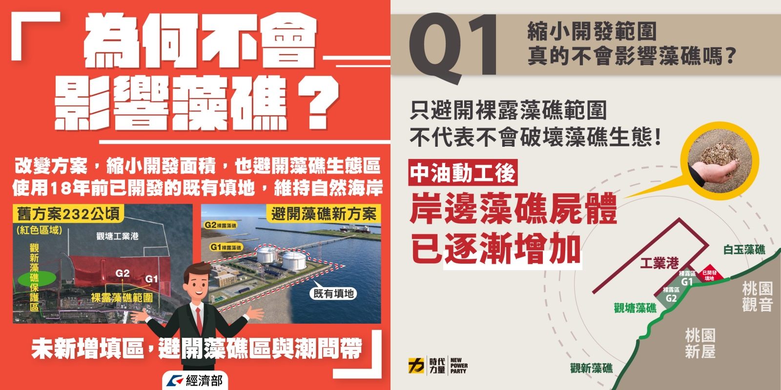 經濟部稱三接開發範圍已避開藻礁,時代力量po文駁斥這樣的說法。(翻攝自經濟部/時代力量臉書)