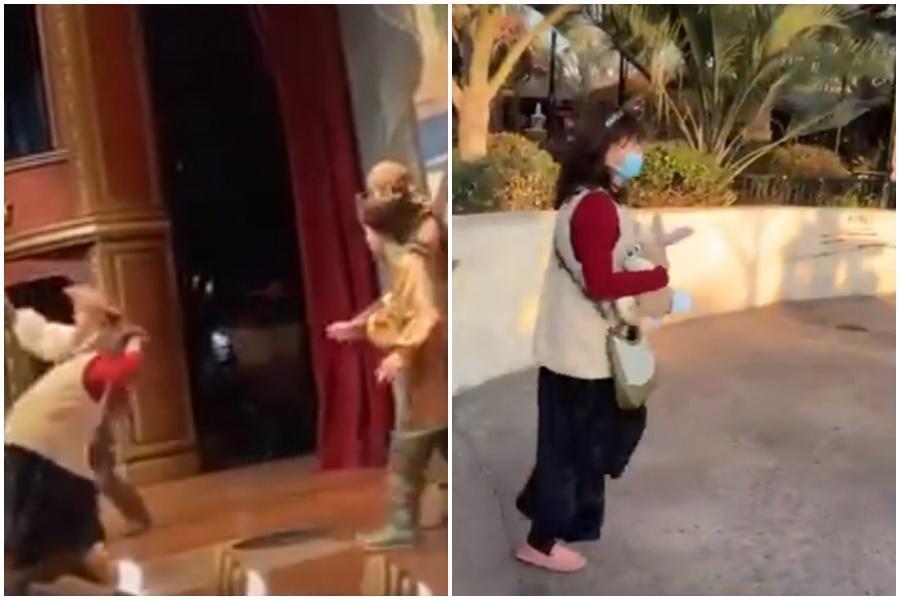 中國一名媽媽上台掌摑迪士尼舞台劇演員,活動中止後她被民眾拍到逃離現場。(翻攝自維尼大帝推特)