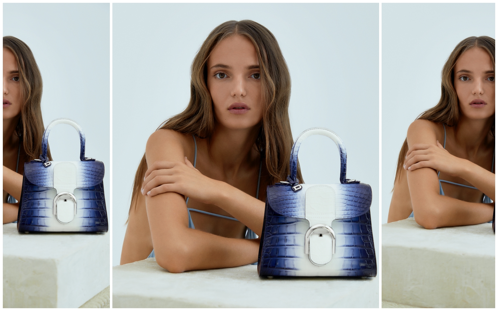DELVAUX推出The Ocean系列包款，Brillant系列靛藍與光亮白鱷魚皮迷你款手袋以高雅不凡的姿態，凸顯翱翔海面的意象。價格店洽。（美之心提供）
