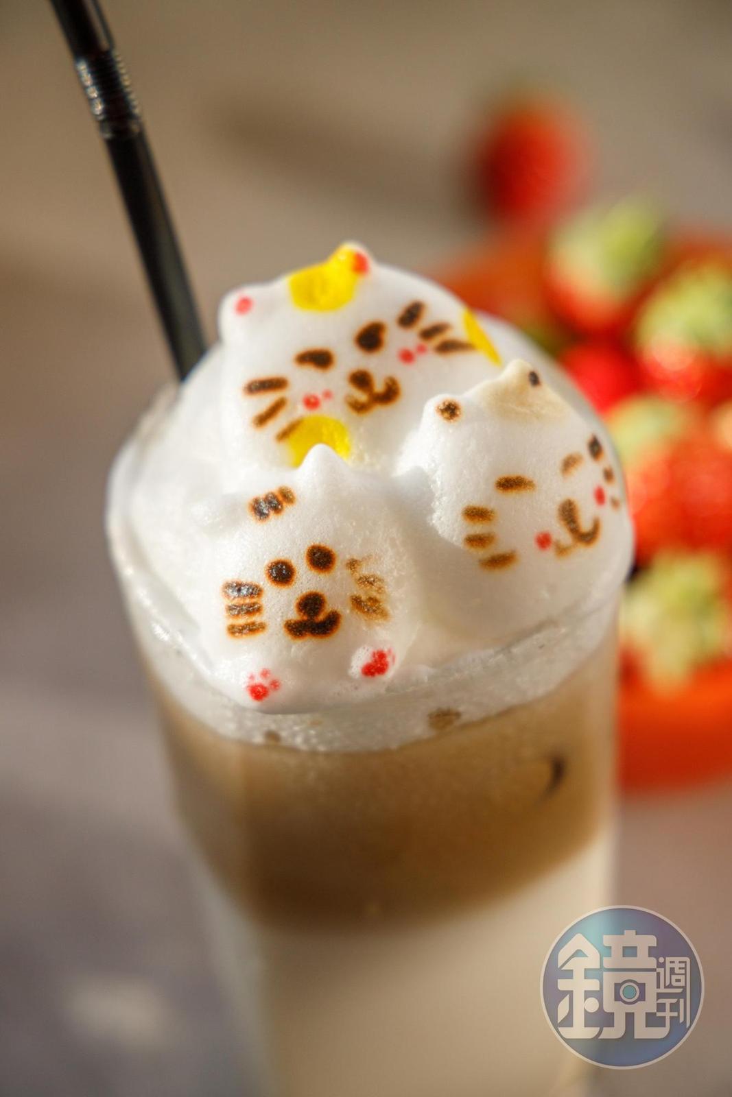 以貓咪造型為主的可愛拉花,讓人捨不得入口。(原味拿鐵,80元╱杯, 立體拉花另加50元)