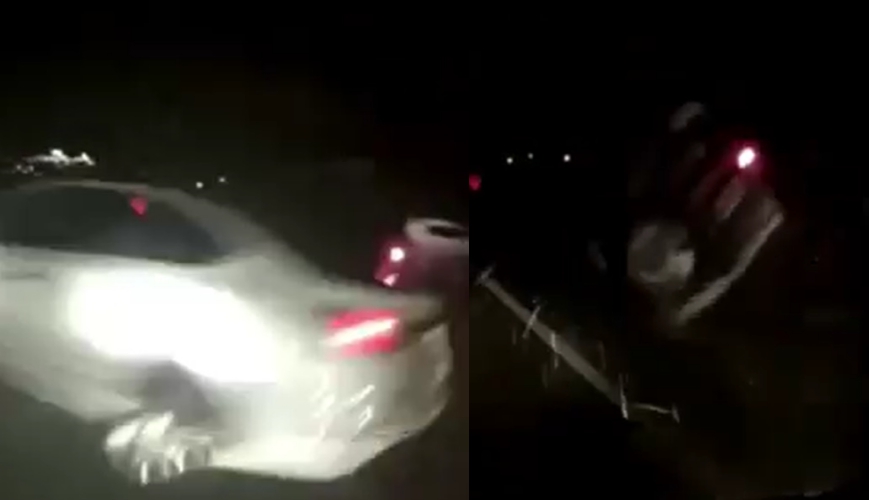 肇事的白車在擦撞前輛車後,隨即撞擊護欄。(翻攝自臉書社團「台中踢爆網」)