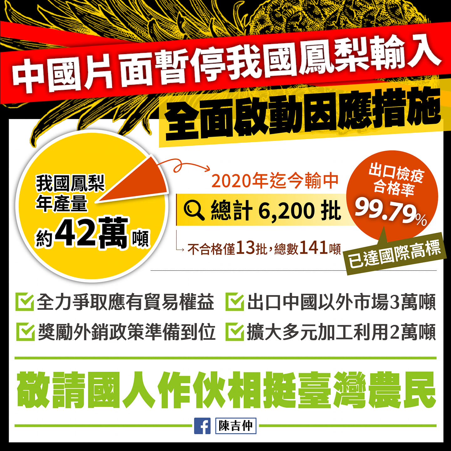 中國海關總署今天聲稱多次從台產鳳梨中檢疫出有害生物，自3月1日起將暫停進口台灣鳳梨，我農委會主委陳吉仲稍早發表公開聲明反擊。（翻攝陳吉仲臉書）