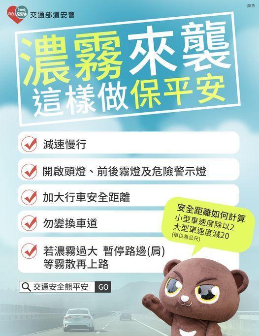 中央氣象局分享霧中行車高速公路、快速道路，需要注意的安全事項。（翻攝自報天氣 - 中央氣象局臉書）