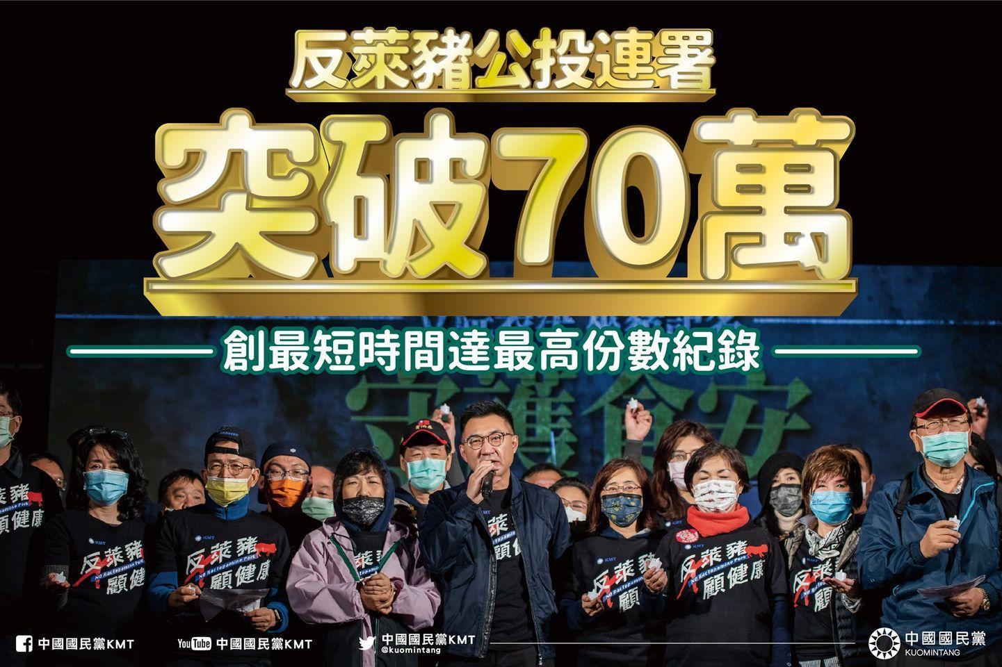 反萊豬連署至昨日已達70萬份連署,創下2017年公投法修正後最短時間達成最高的連署數量。(翻攝自中國國民黨臉書)