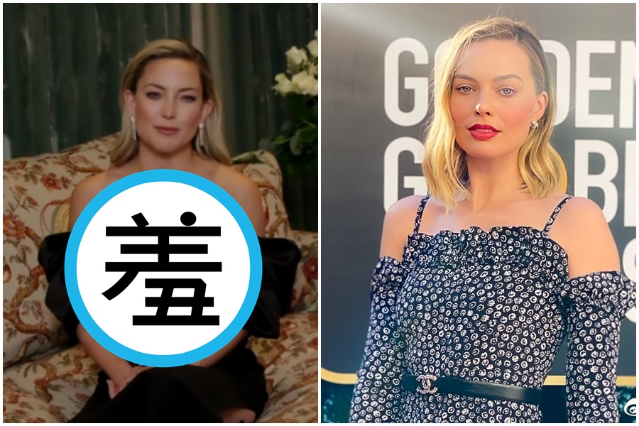 凱特哈德森（左邊）睽違20年再度入圍金球獎，爆乳禮服超吸睛；瑪格羅比的香奈兒禮服相較艾兒芬寧等人相對失色。（翻攝自轉播畫面、金球獎官方微博）