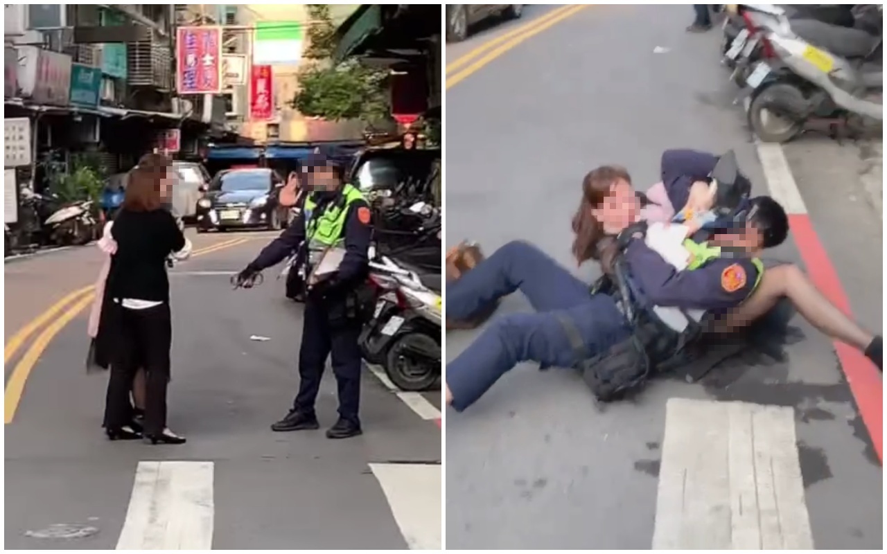 婦人因車子遭拖吊與警方發生衝突,並用穿著黑絲襪的雙腿「夾」警員的頭。(翻攝自「爆料公社」)