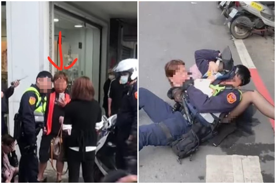 拍攝48歲曹姓車主襲警男子（箭頭處）因頻頻幫腔，被網友肉搜。（翻攝自爆怨2公社）