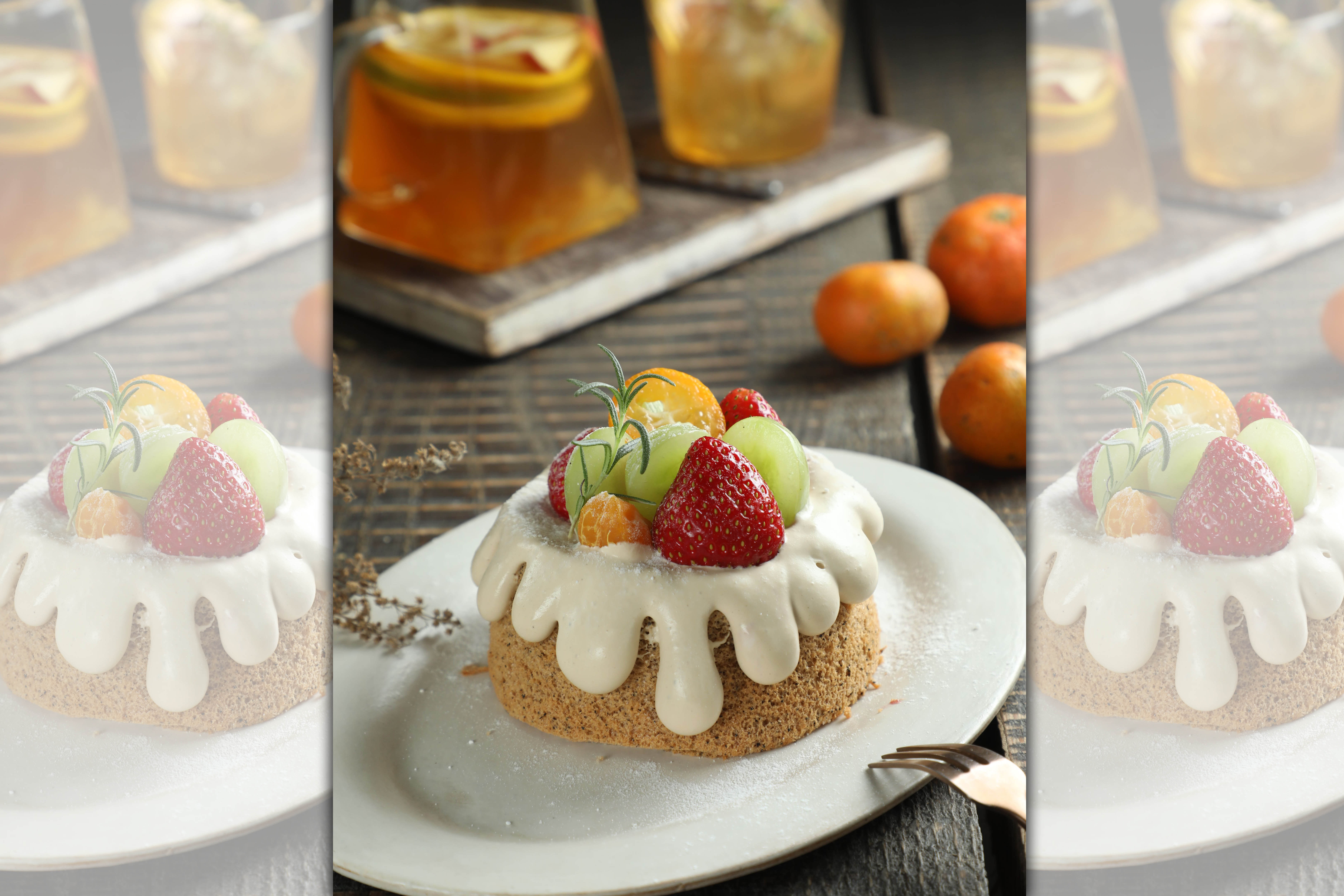 「伯爵茶水果戚風蛋糕」上層放滿當季水果，底下是自家調配，茶香密布的伯爵茶醬。（190元／個）