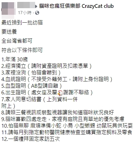 民眾撿到超萌三花奶貓po出送養文,不過祭出超多限制條件讓不少網友卻步。(翻攝自貓咪也瘋狂俱樂部臉書社團)
