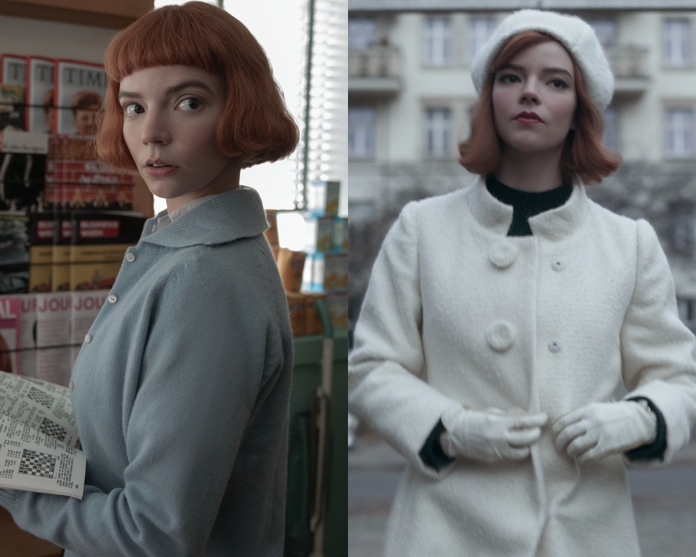  從貝絲偷翻西洋棋雜誌的濛濛懂懂（左），到打敗蘇聯棋王後的自信滿滿，安雅泰勒喬伊在《后翼棄兵》演出層次分明。（Netflix提供）