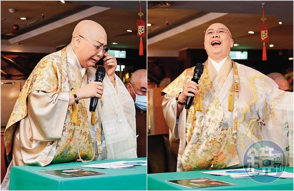 述法師泣訴為人擔保欠下的巨債已還清，嘜勾供「欠債的恆述法師」啦～不然告你喔！（左圖）恆述法師開心感謝貴人，在創派記者會上，完美詮釋「最佳女主角」秒哭秒笑的專業。（右圖）