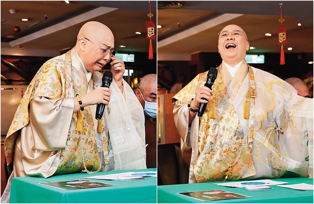 述法師泣訴為人擔保欠下的巨債已還清，嘜勾供「欠債的恆述法師」啦～不然告你喔！（左圖）恆述法師開心感謝貴人，在創派記者會上，完美詮釋「最佳女主角」秒哭秒笑的專業。（右圖）