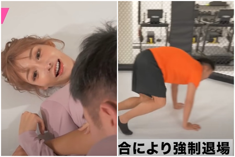 明日花綺羅找格鬥冠軍請教寢技技術，她在示範過程中讓對手吃不消爬出擂台。（翻攝自明日花綺羅 Channel Youtube頻道）