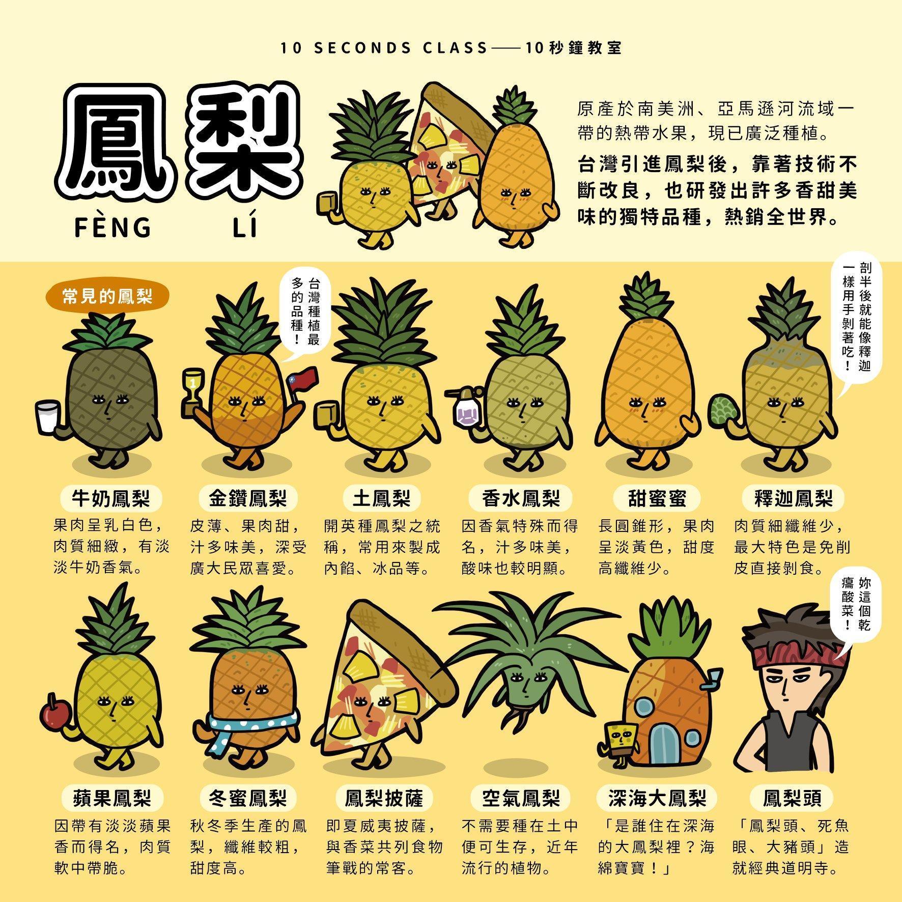 10秒鐘教室臉書粉專,介紹在台灣出現的各類「鳳梨」。(翻攝自10秒鐘教室)